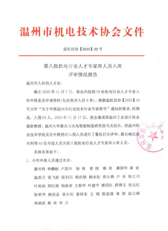 第八批机电行业人才专家库人员入库评审情况报告